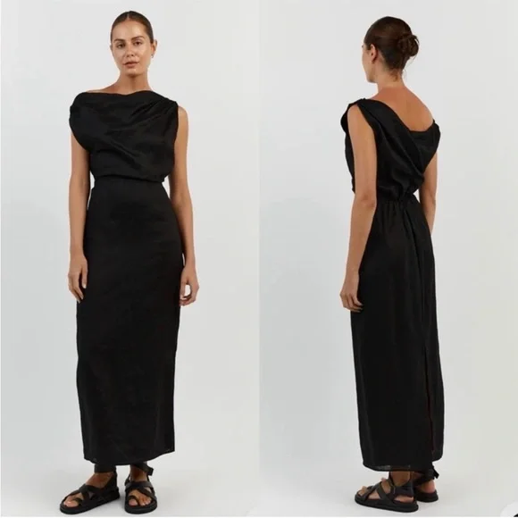 DISSH CASS BLACK LINEN ASYM MIDI DRESS - Picture 1 of 7